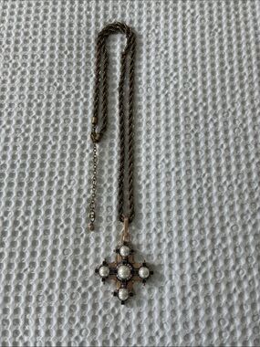 Gold-Tone Cross Pendant Necklace with White Pearlescent Cabochons